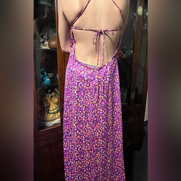 Vtg 70s Disco Hippie Maxi Dress Halter Low back Pink floral psychedelic - Picture 6 of 10